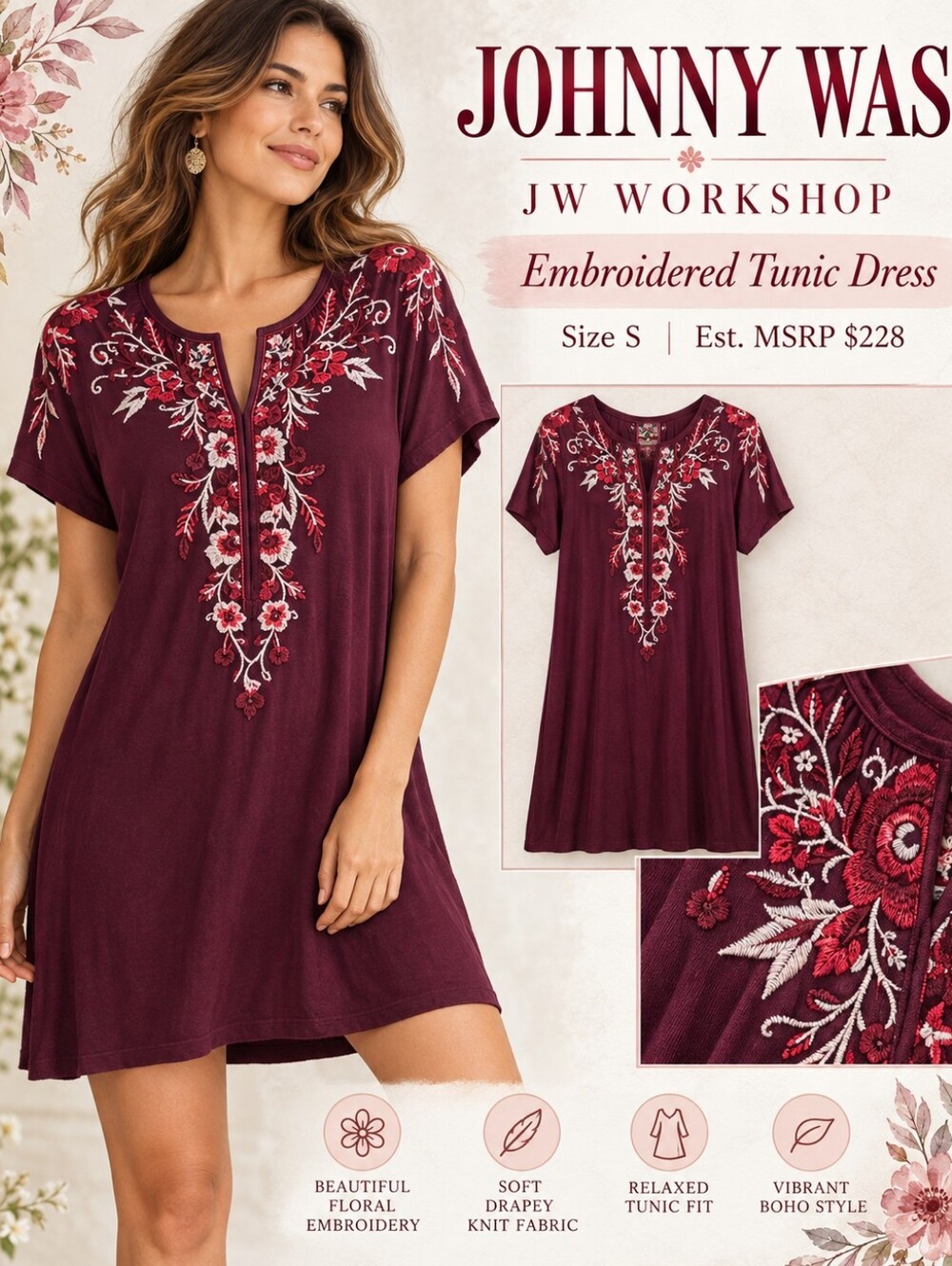 Johnny Was JW Workshop Burgundy Embroidered Tunic Dress Size S Boho